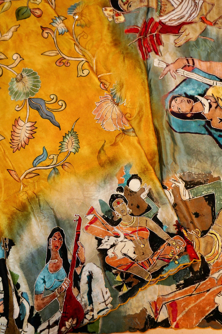 Vibrant Yellow Crepe Silk Saree with Floral Prints for Haldi Ceremony