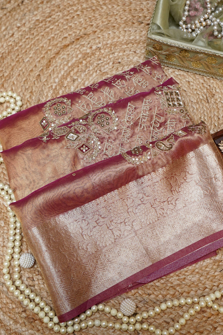 Royal Copper Gold Maharani Tissue Silk Saree with Gayatri Mantra &amp; Baraat Inspired Pallu