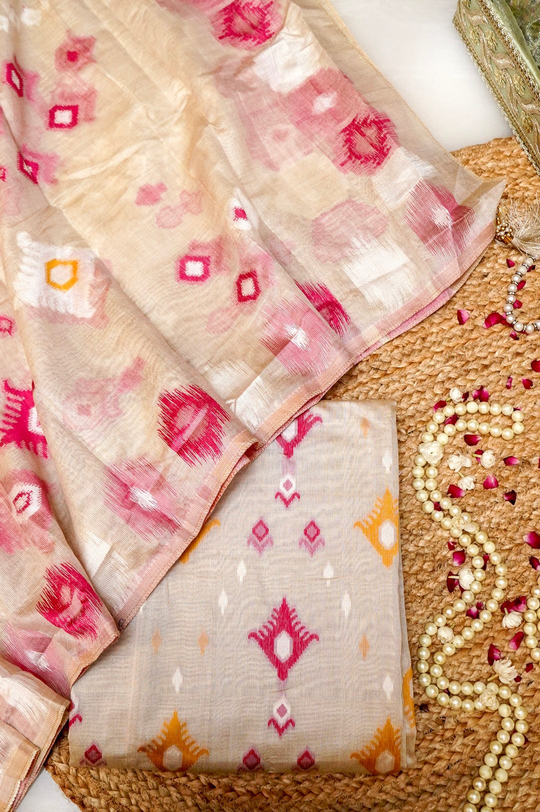 Off White Ikat Print Unstitched Suit Set
