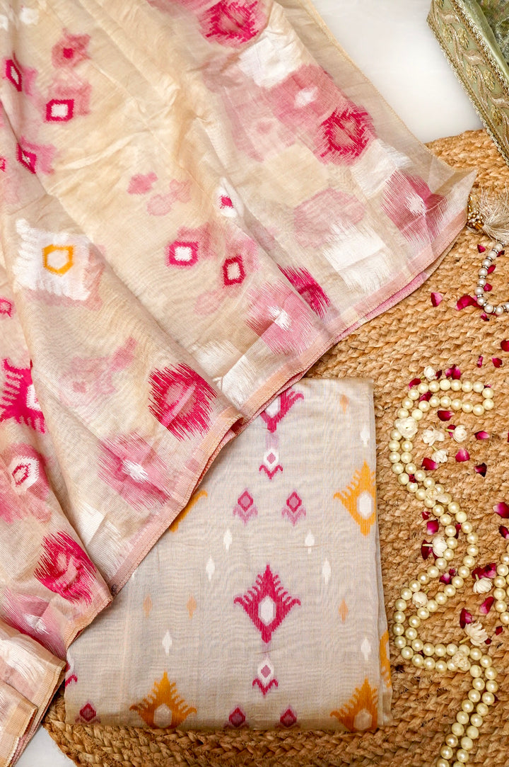 Off White Ikat Print Unstitched Suit Set