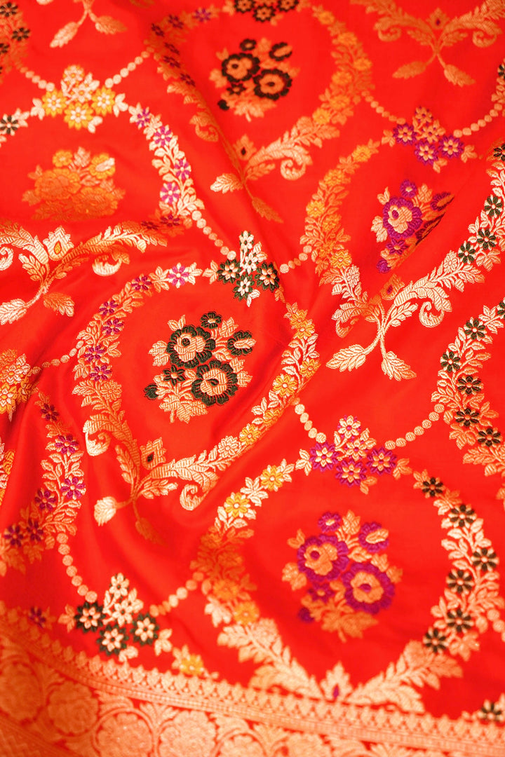 Red Bridal Pure Handloom Banarasi Katan Satin Silk Saree with Meenakari Jangla Design