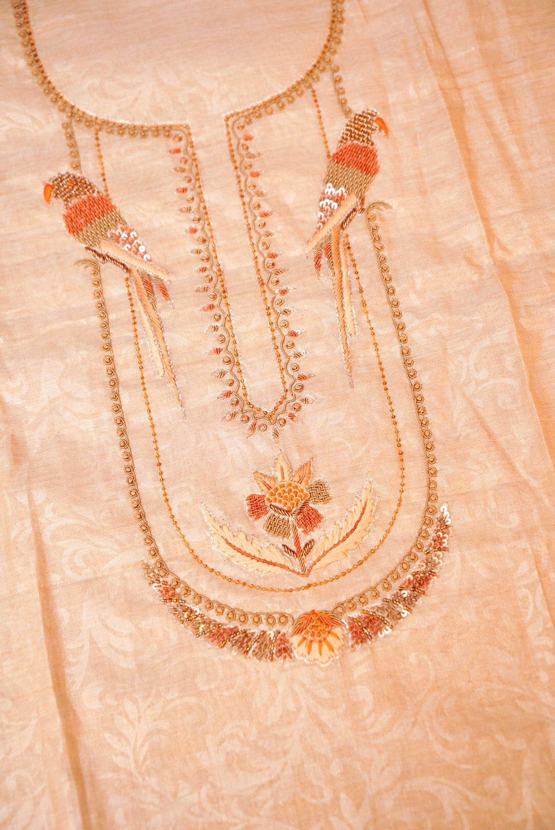 Rose Gold Pure Chanderi Tissue Silk Suit with Handcrafted Elegance