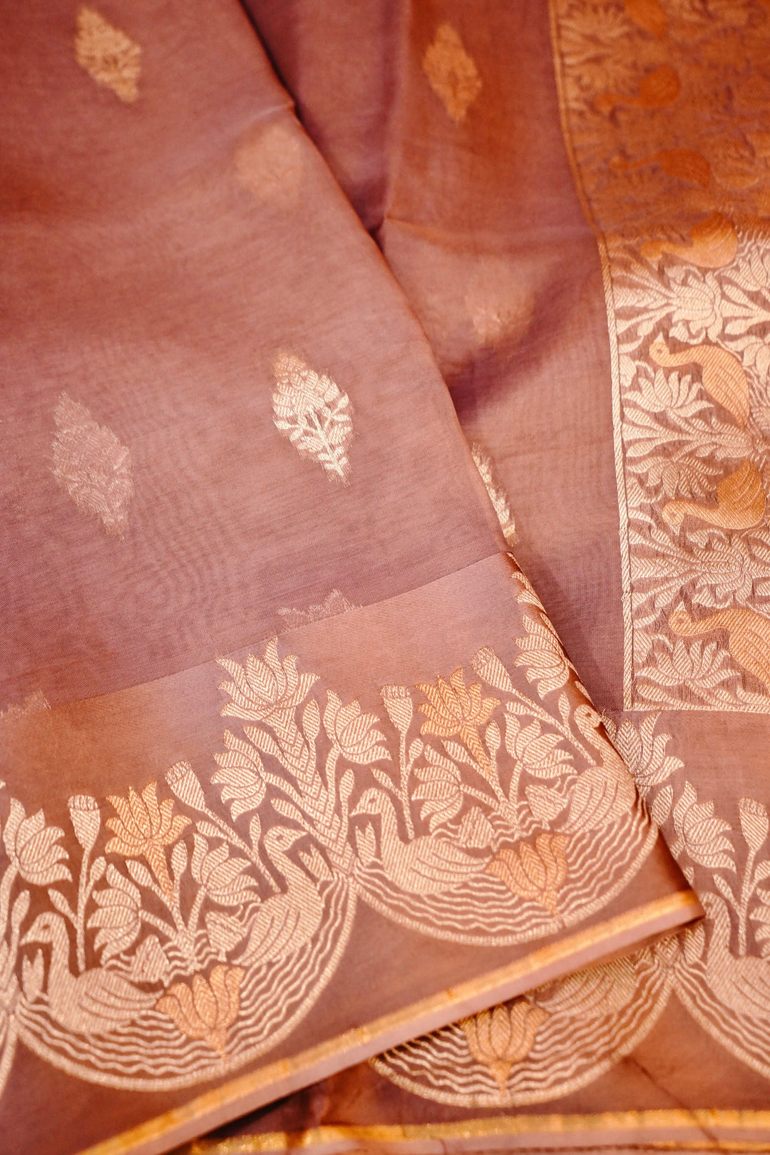 Elegant Dusty Rose Sonaroopa Muslin Organza Wedding Saree Designer Collection