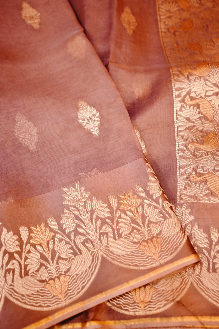 Elegant Dusty Rose Sonaroopa Muslin Organza Wedding Saree Designer Collection