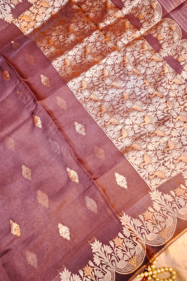 Graceful Dusty Rose Sonaroopa Muslin Organza Festive Saree