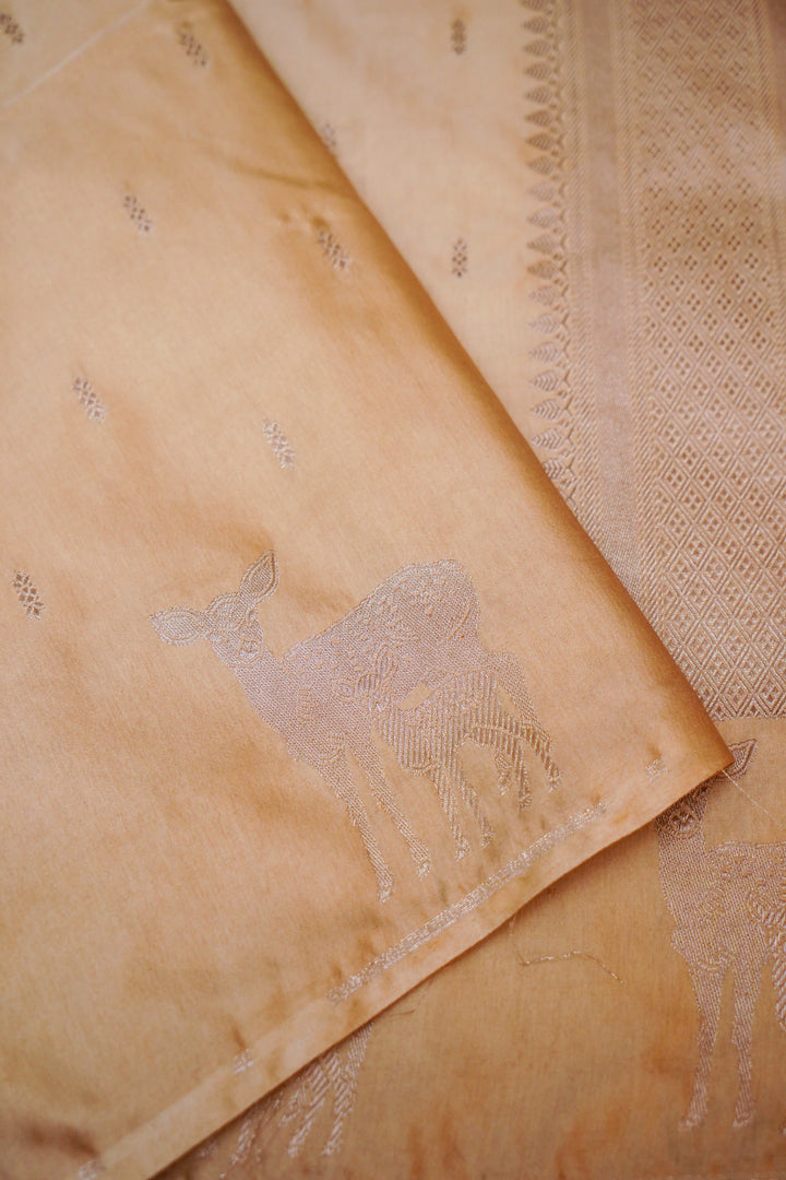 Elegant Beige Mashru Silk Saree Zari Bootidar Weave with Animal Motif Border