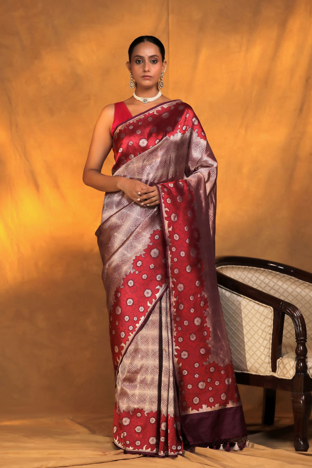banarasi handloom wine pure brocade katan silk saree with tanchoi border and pallu front view
