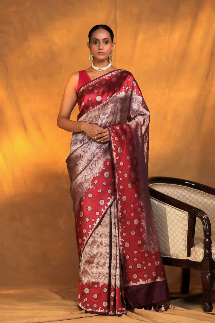 banarasi handloom wine pure brocade katan silk saree with tanchoi border and pallu front view