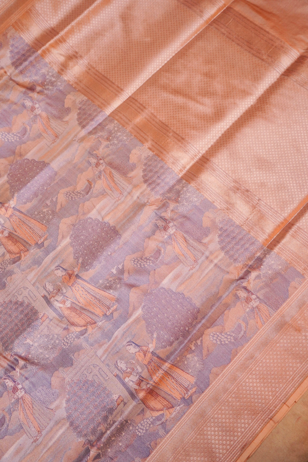 Luxury Peach Banarasi Katan Silk Saree – Handwoven with Delicate Figure Designs