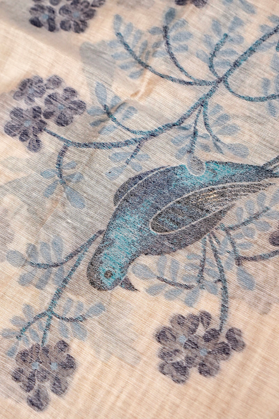 Off White Floral Woven Unstitched Suit Set with Bird Motif Dupatta  in Shades of Blue and Grey