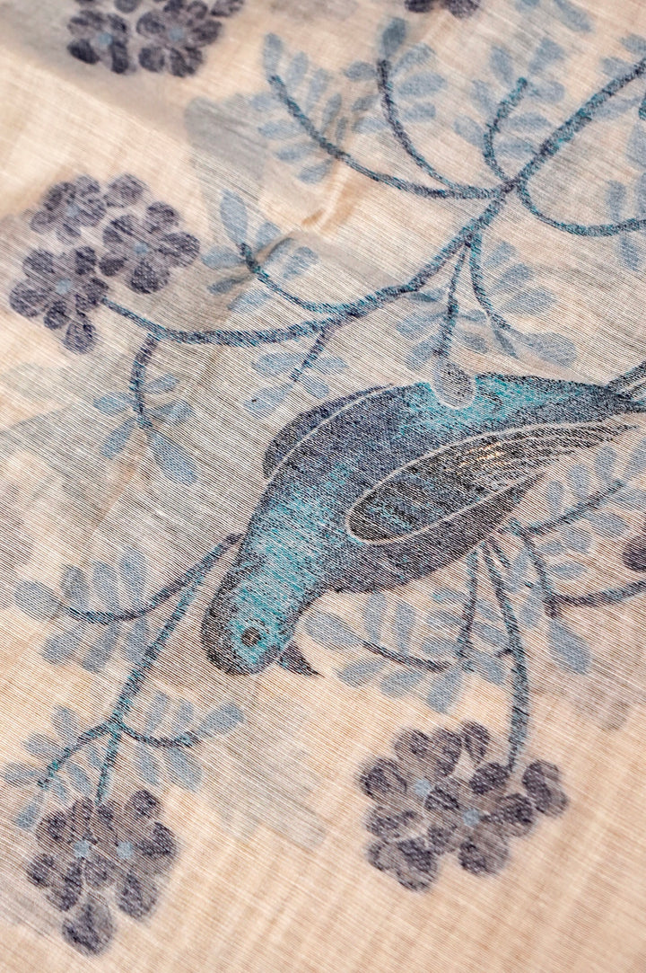 Off White Floral Woven Unstitched Suit Set with Bird Motif Dupatta  in Shades of Blue and Grey
