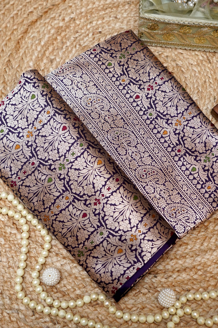 Royal Handwoven Purple Banarasi Pure Katan Silk Meenakari Saree