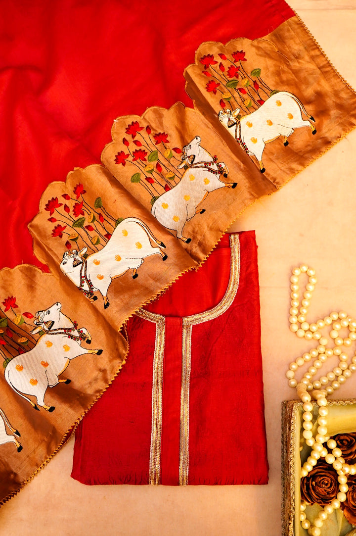 Pure Red Chanderi Silk Suit Set with Zardozi Neckline & Pichwai Embroidered Dupatta