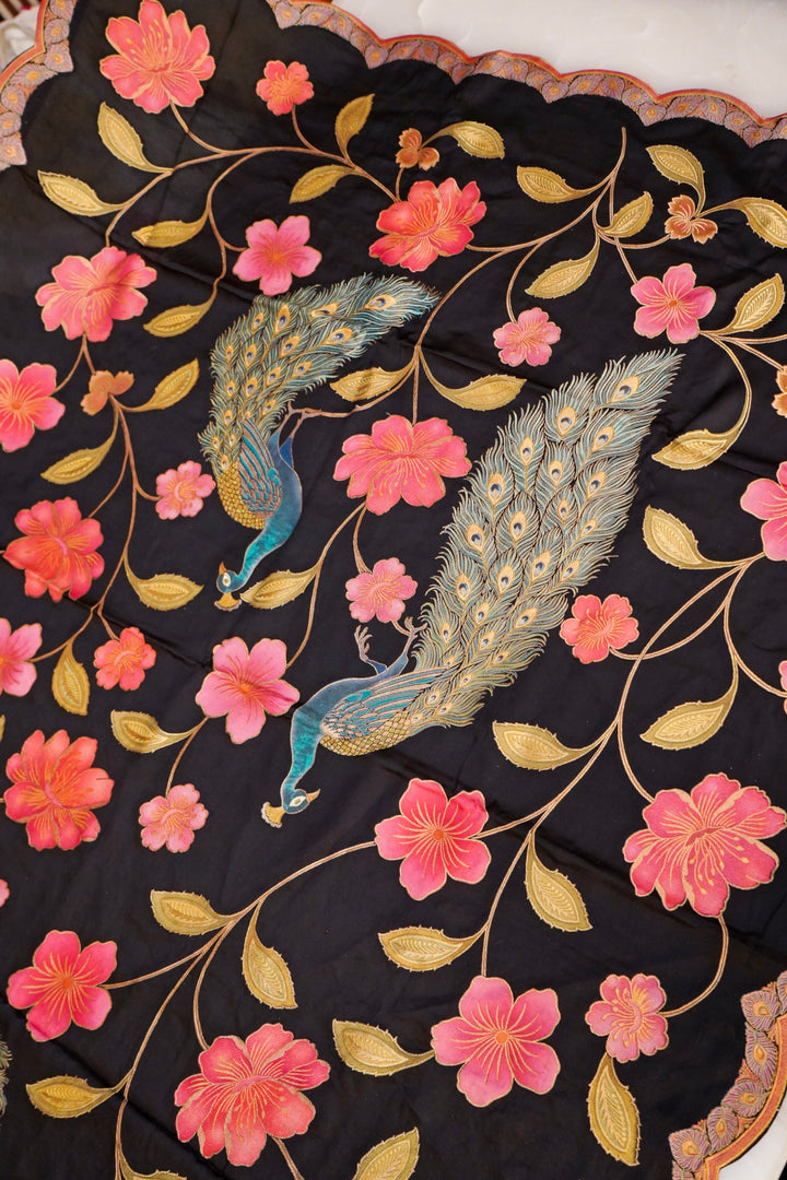 Black Crepe Silk Saree with Meenakari Floral Body &amp; Peacock Motif Pallu
