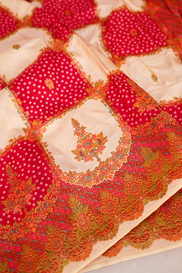 Pink &amp; White Checked Crepe Silk Saree with Bandhani Meenakari Contrast Border