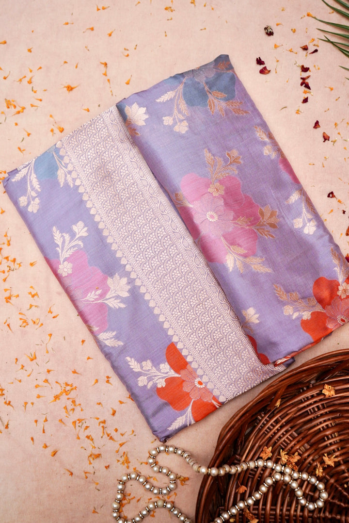 Handwoven Banarasi Lavender Pure Katan Silk Multi Meenakari Jaal Saree