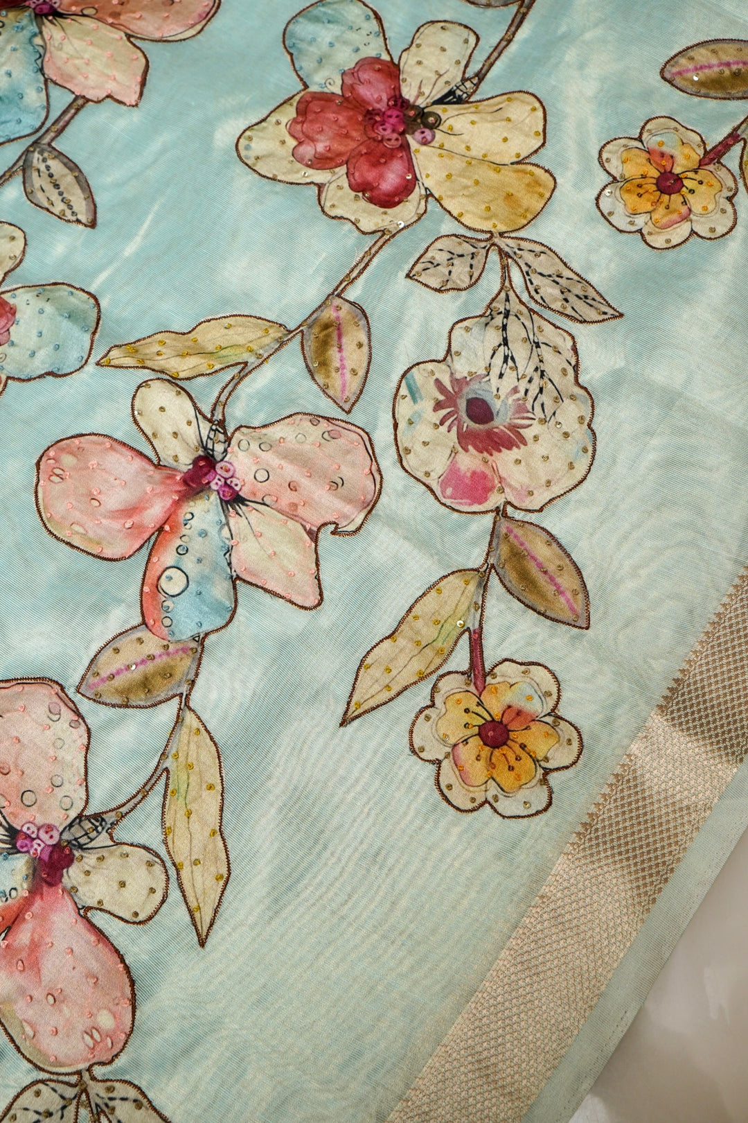 Sky Blue Chanderi Tissue Saree with Appliqué & Katha Embroidery