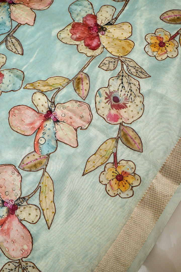 Sky Blue Chanderi Tissue Saree with Appliqué & Katha Embroidery