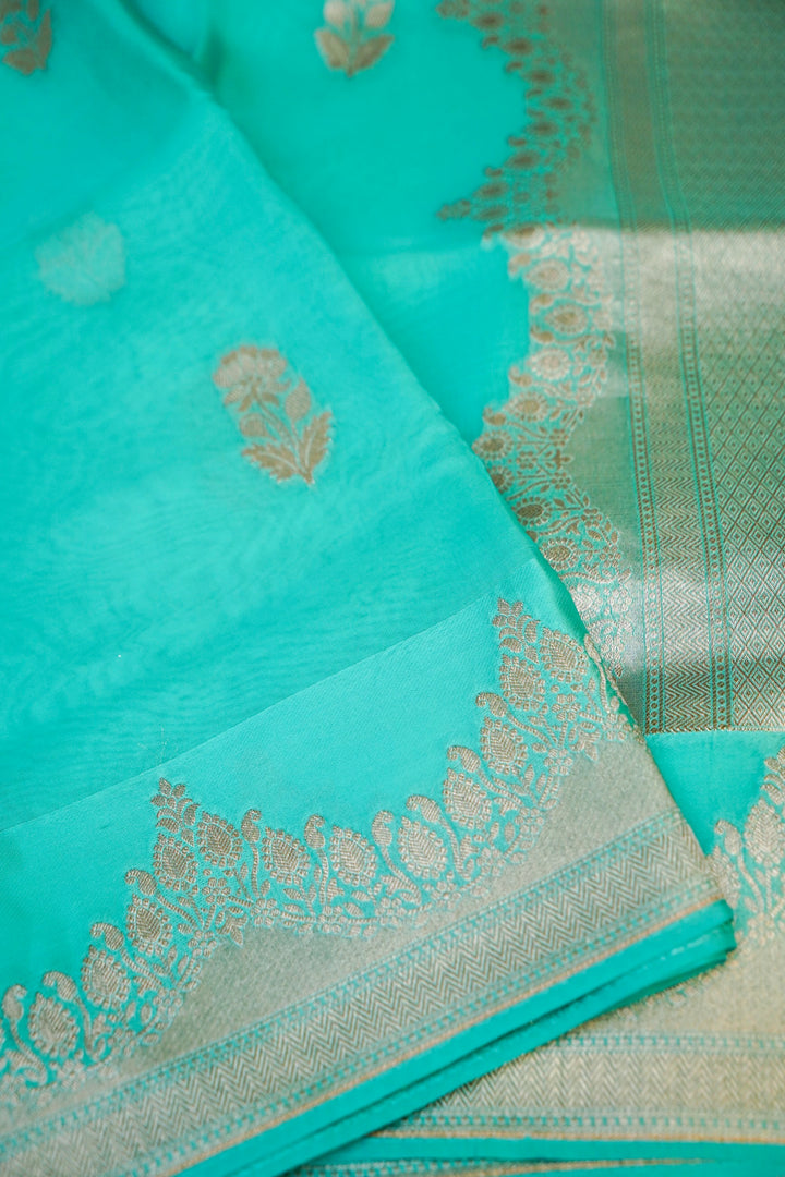 Aqua Blue Banarasi Kora Silk Saree with Zari Woven Laheriya Border