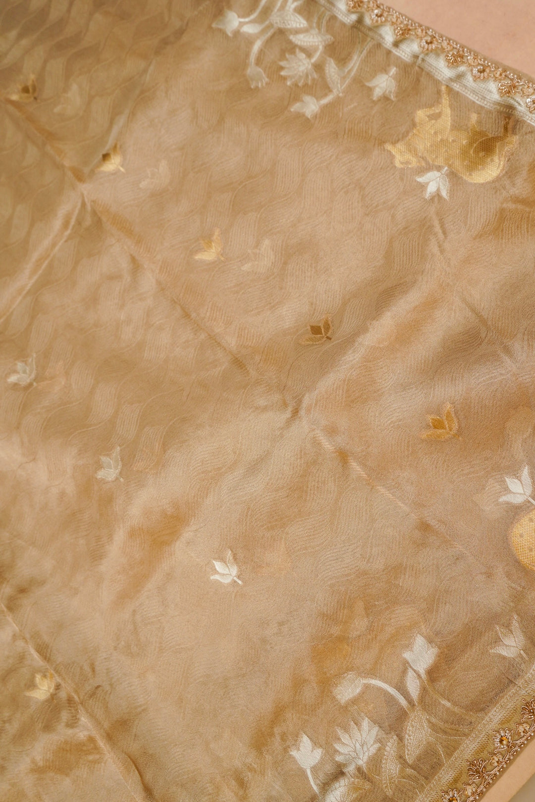 Chiku Brown Tissue Silk Pichwai Inspired Sona Rupa Zari Weave Saree View 2