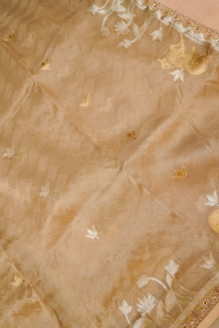 Chiku Brown Tissue Silk Pichwai Inspired Sona Rupa Zari Weave Saree View 2