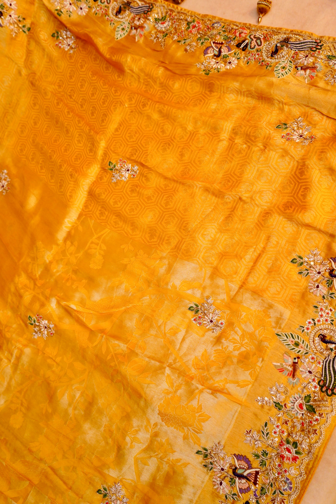 Haldi Ceremony Yellow Silk Brocade Saree with Meenakari Embroidery
