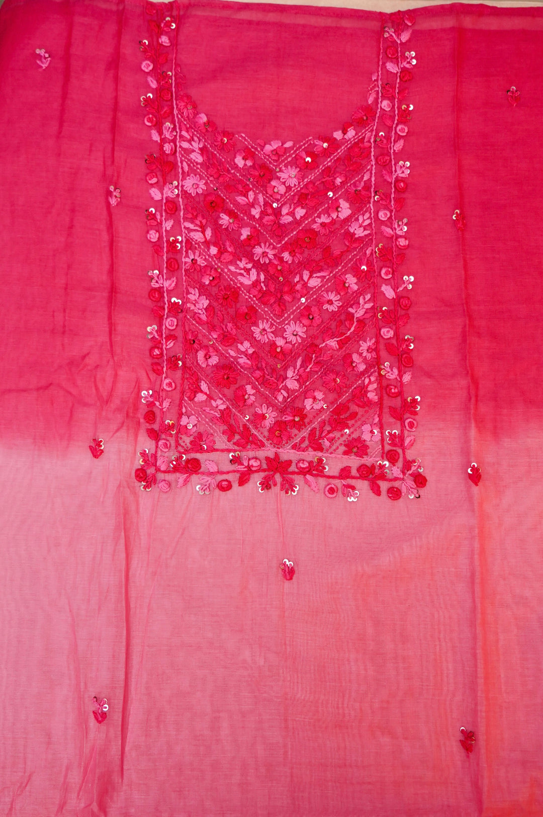 Dual Shaded Pure Mul Chanderi Unstitched Suit with French Knot Embroidery