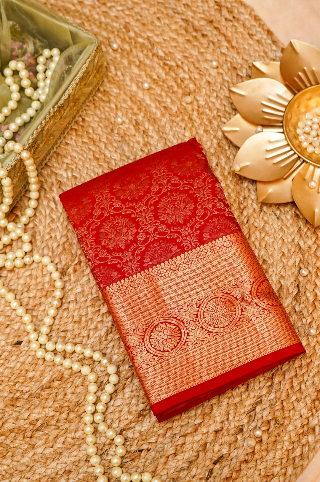 Scarlet Silk Kanjivaram Saree with Intricate Zari Brocade Weave View 1