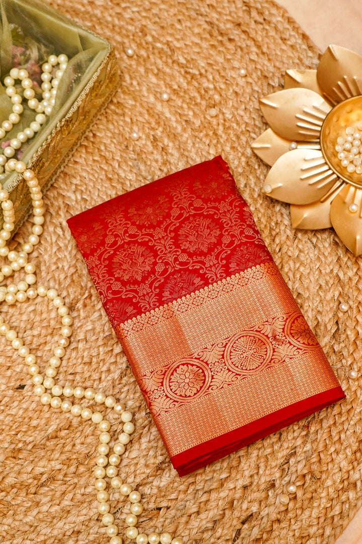 Scarlet Silk Kanjivaram Saree with Intricate Zari Brocade Weave View 1