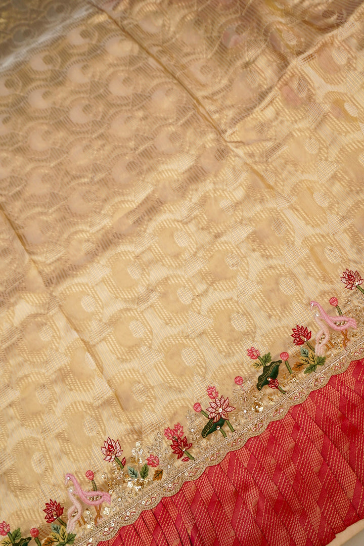 Beige Gold Lehenga Pattern Half Half Tissue Silk Meenakari Embroidery Saree View 2