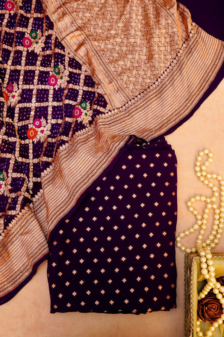 Handwoven Banarasi Georgette Chiffon Suit Set with Bandhani Meenakari Jaal Dupatta