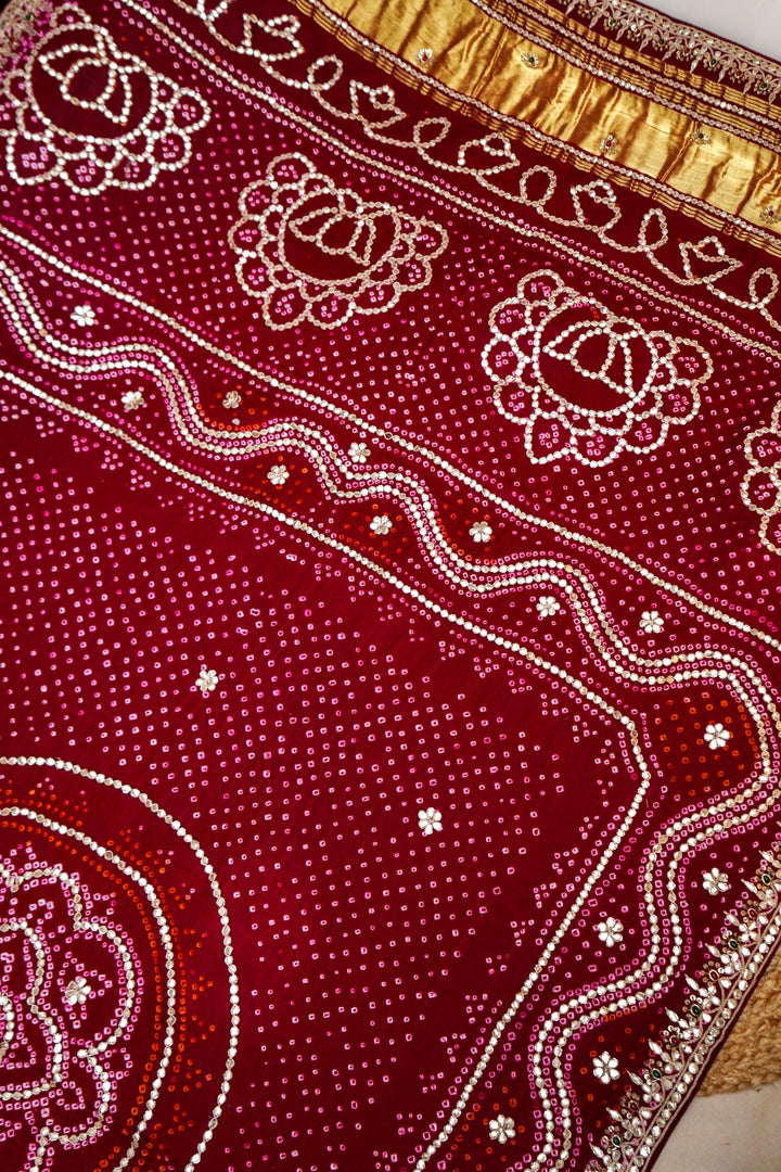 Maroon Rajgharana Gota Patti and Kundan Embroidery Pure Gajji Gharchola Dupatta View 2