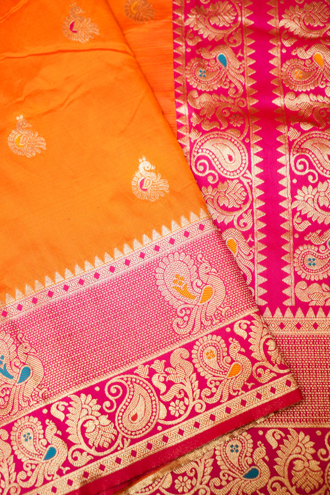 Orange Soft Silk Kanjivaram Inspired Bird Motifs Saree with Contrast Border Pallu