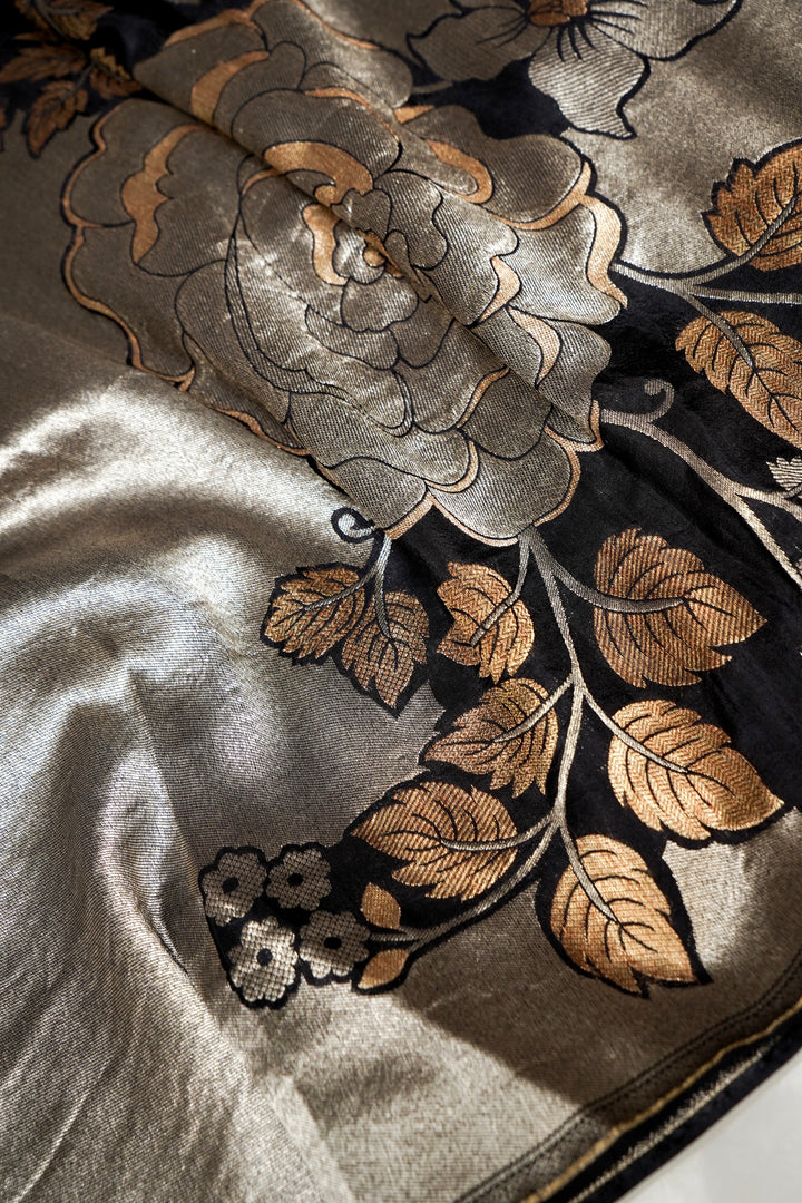 Black Pure Banarasi Crepe Tissue Saree with Contemporary Design Patterns