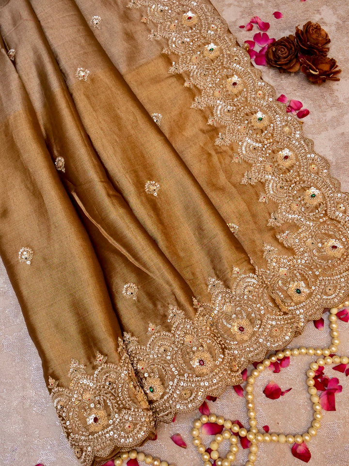 Banarasi Tissue Silk Saree with Pearl and Kundan Embroidery Work