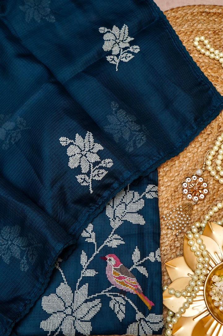 Teal Blue Pure Kota Suit Set with Cross Stitch Embroidery View 1