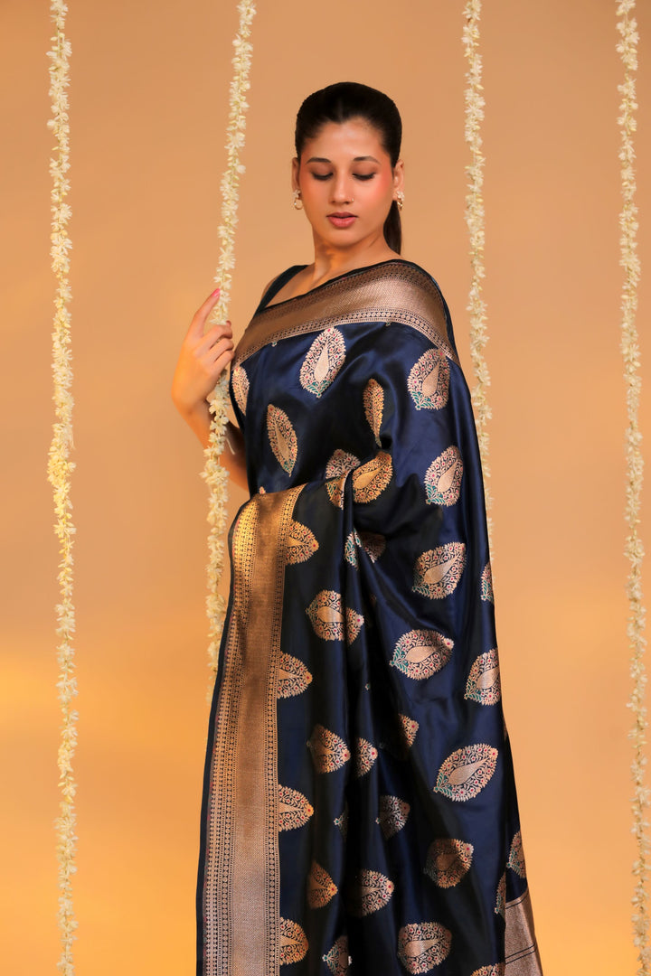 handwoven teal blue banarasi pure katan silk meenakari nita ambani inspire saree side view 1