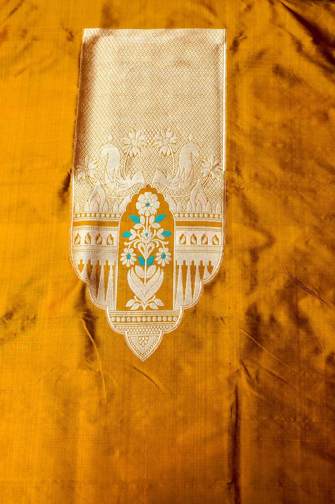 Pure Katan Silk Co-Ord Set Fabric – Royal Floral Heritage Panel | Gold Zari &amp; Meenakari Thread Weave | Mustard Yellow