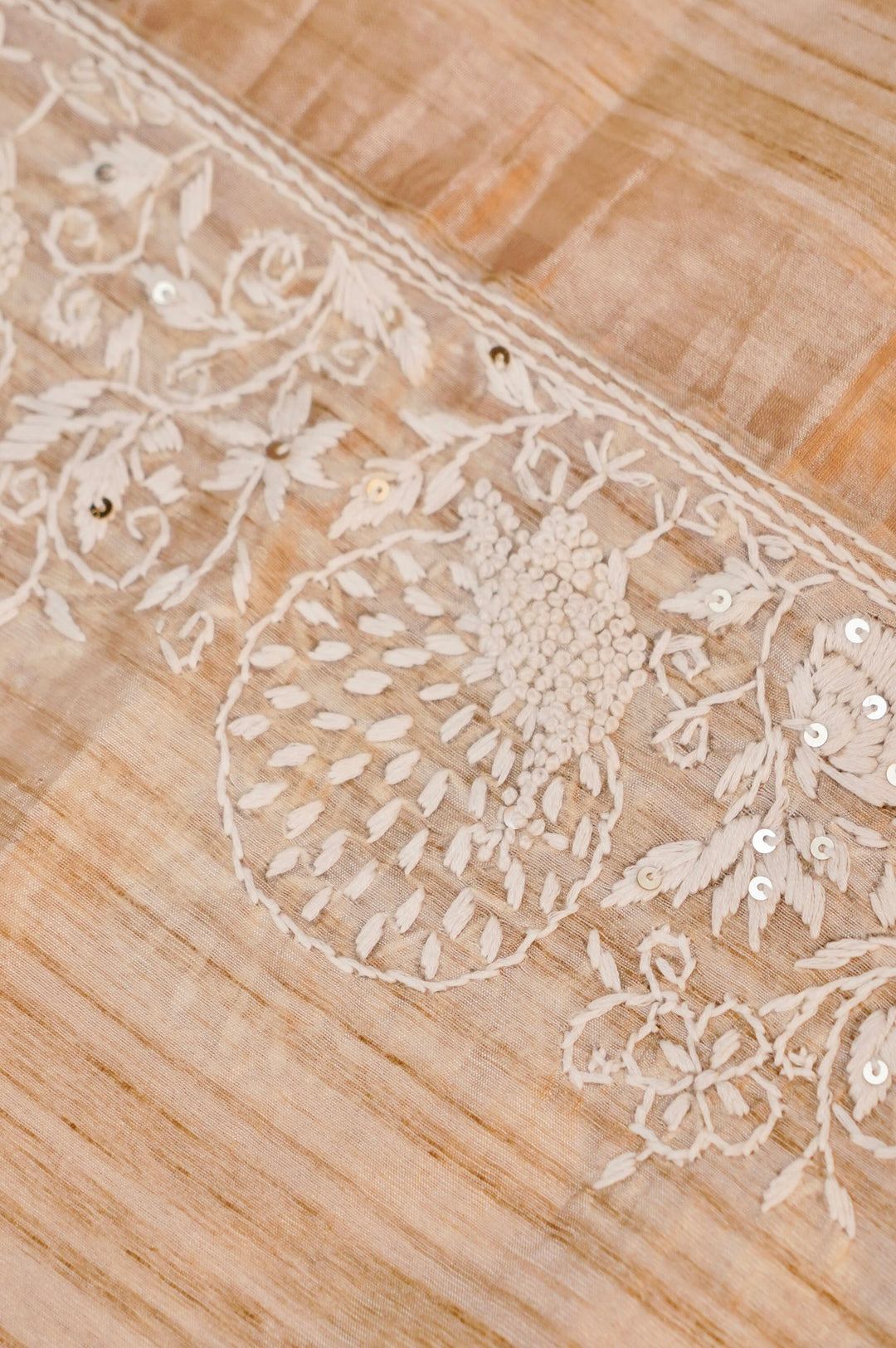 Unstitched Designer Beige Gold Tussar Silk Suit with French Knot Thread Embroidery