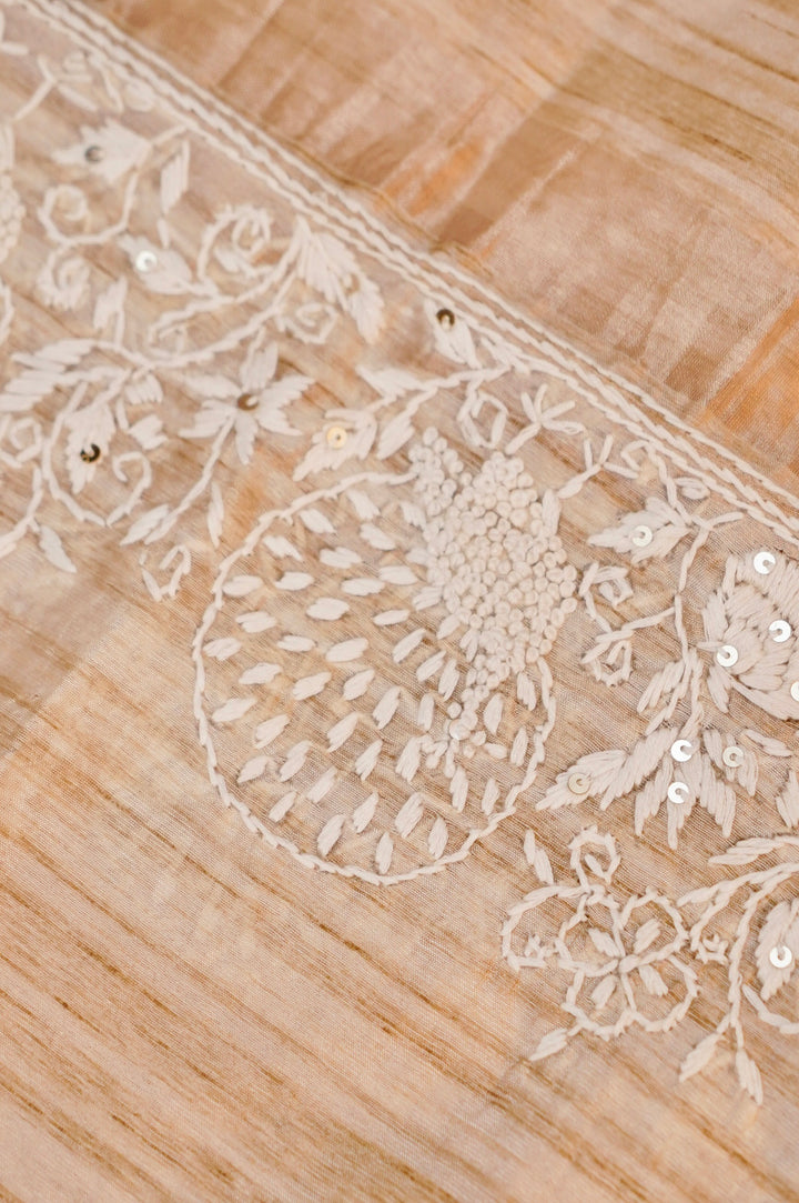 Unstitched Designer Beige Gold Tussar Silk Suit with French Knot Thread Embroidery
