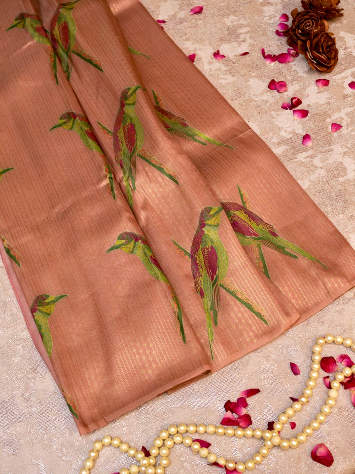 Rose Gold Banarasi Tissue Soft Silk Saree with Printed Bird Motifs