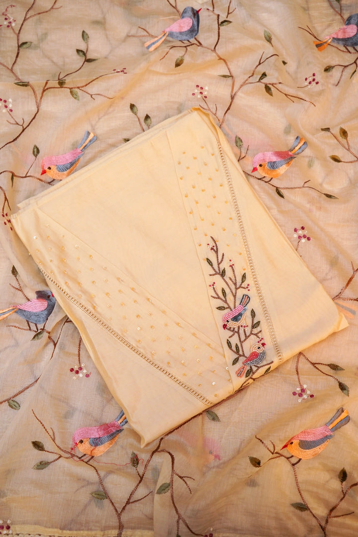 Pastel Yellow Chanderi Suit Set with Thread Embroidery Work