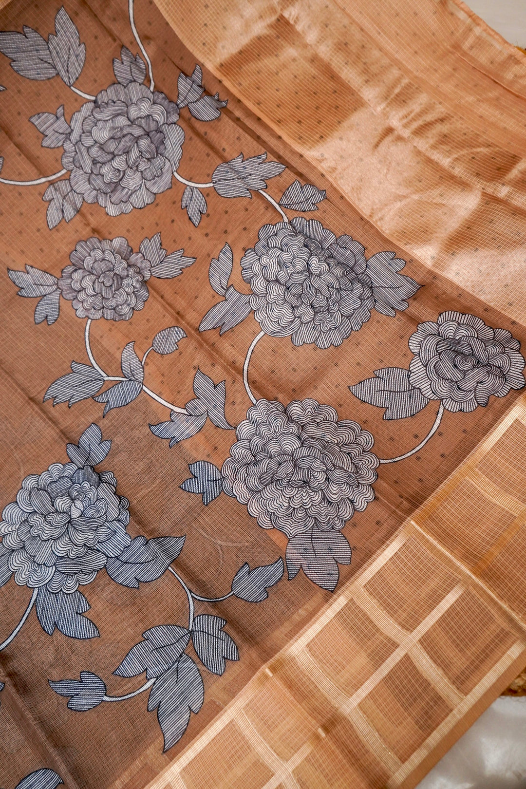 Sugar Brown Kota Check Saree with Printed Body and Zari Weave Check Border View 2