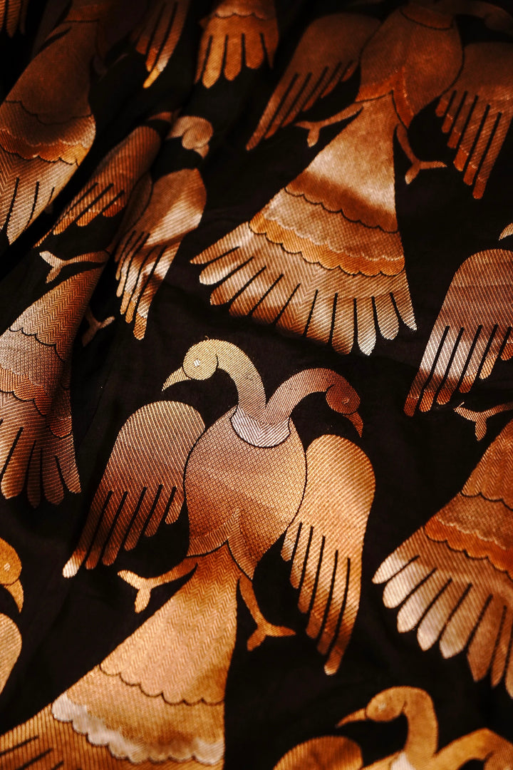 Opulent Black Nita Ambani Inspired Munga Crepe Birds Motif Cocktail Saree Collection