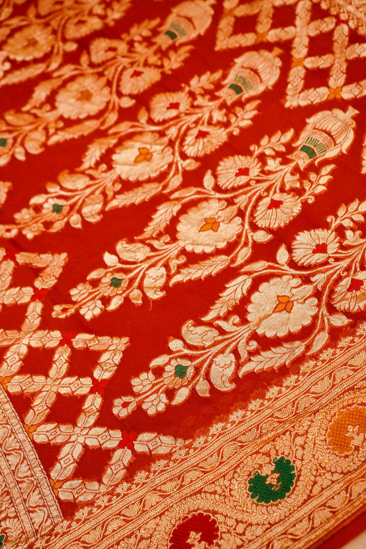 Red Banarasi Khaddi Chiffon Meenakari Border and Pallu Saree View 3