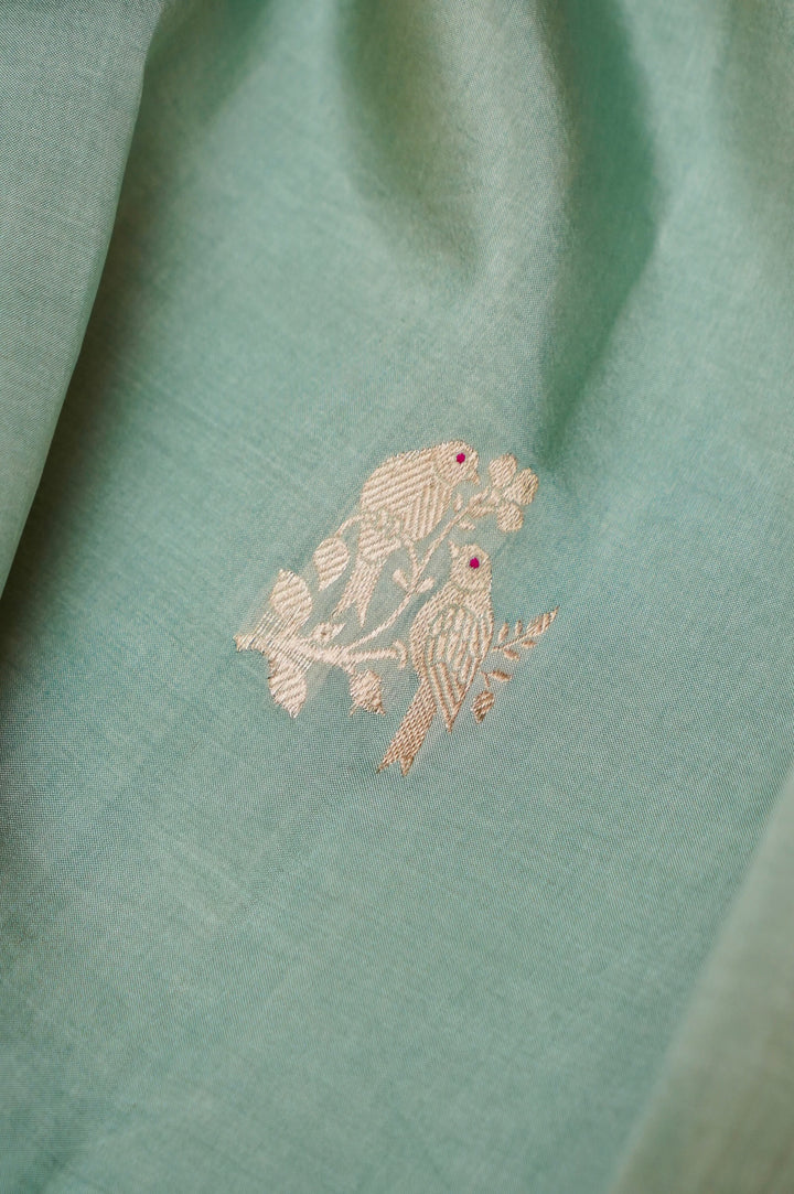 Sage Green Handwoven Banarasi Pure Katan Silk Elephant Motif Saree View 4