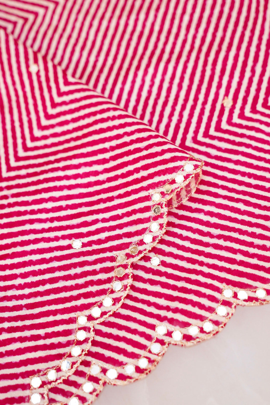 Pink Crepe Silk Saree with Geometric Print &amp; Mirror Work