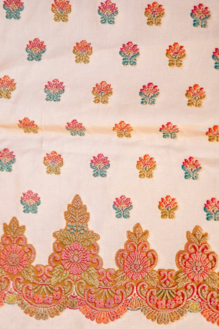 Cream Tussar Silk Saree with Meenakari Border &amp; Peacock Motif Pallu