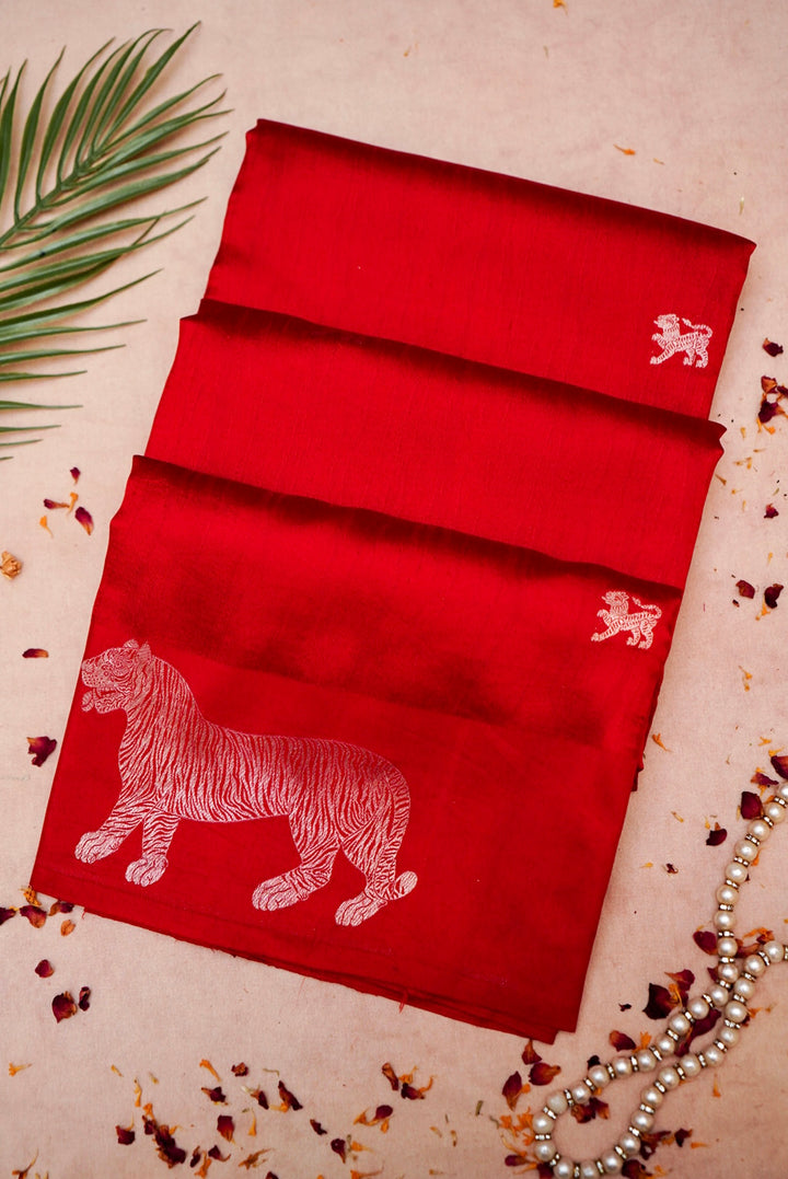 Regal Red Pure Katan Silk Saree with Tiger Motifs and Striped Weave Design
