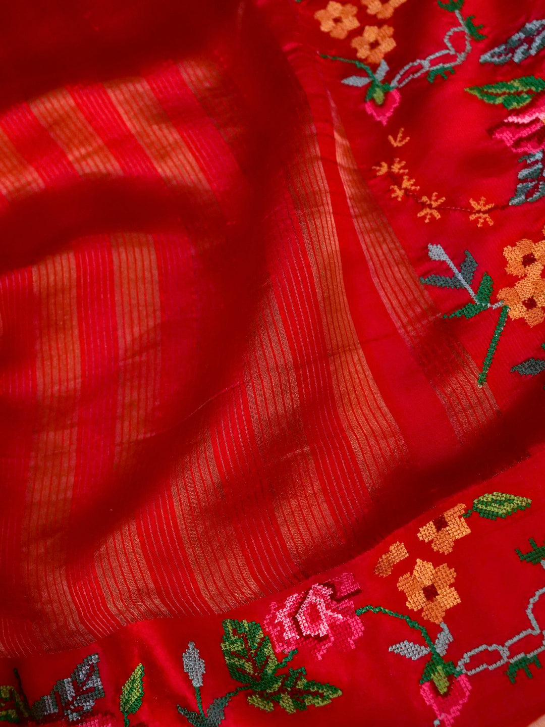 Handwoven Bridal Red Pure Silk Saree with Tissue Stripes Cross Stitch Hand Embroidery Border View 4